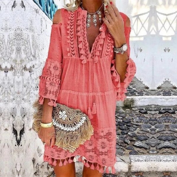 Dame Lace Patchwork 3/4 ærmekjoler Summer Beach Sundress Pink XL