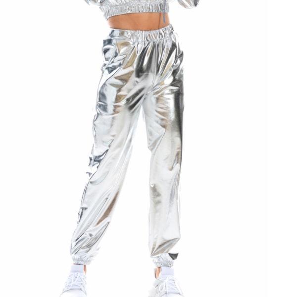 Kvinder High Waist Bukser Metallic Loungewear Shin Bukser Silver M