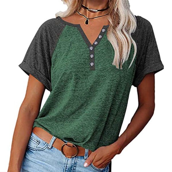 Kvinder Summer Colorblock V-hals kortærmet T-shirt Green,XXL