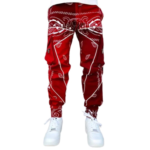 Mænd Multi-Pocket Drawstring Overalls Casual Hip-Hop Bukser Red Matching,3XL