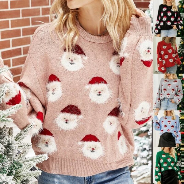 Kvinnor Santa Print Sweater Crew Neck Christmas Stickade Tröjor Blue M