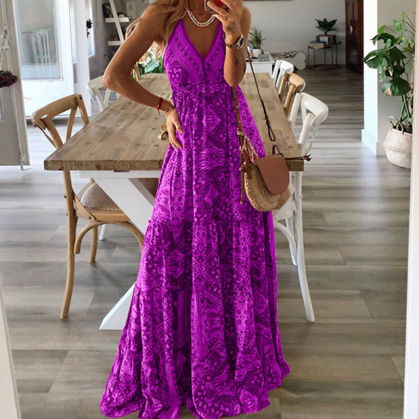 Kvinnor Print Sommar Beach Sundress Ärmlös lång klänning Purple M