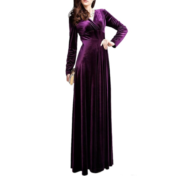 Vinter dame V-udskæring guldfløjl cocktail langærmet kjole purple,L