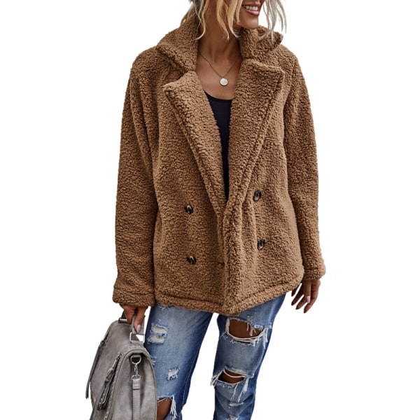 Kvinnor Bear Lapel Jacka Ytterkläder Button Fleece Fluffy Coat Top Camel 3XL