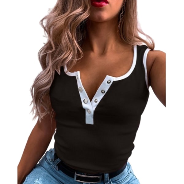 Sexig sydd ärmlös väst T-shirt för kvinnor Casual Top Black,S