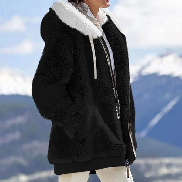 Naisten yksivärinen neuletakki vetoketjullinen Sherpa-takki Black 5XL