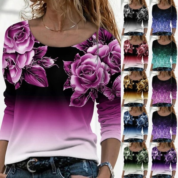 Naisten pitkähihaiset topit Gradient-paita Flower Rose Red 5XL