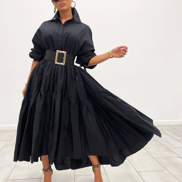 Kvinnor Enfärgad skjortklänning Volang Maxiklänningar Black 4XL