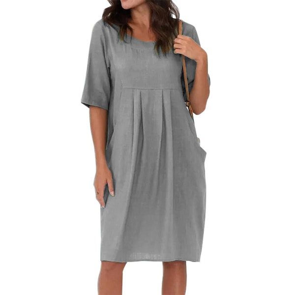 Damer Midiklänning Lös Casual Bomull Linne Plisserade klänningar Gray 4XL
