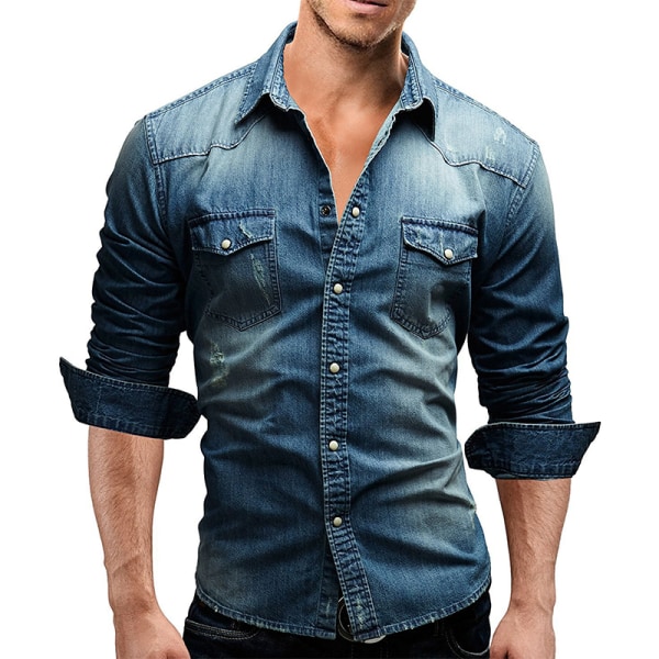 Vintermode jeansskjorta för män Långärmad T-shirt Navy Blue M