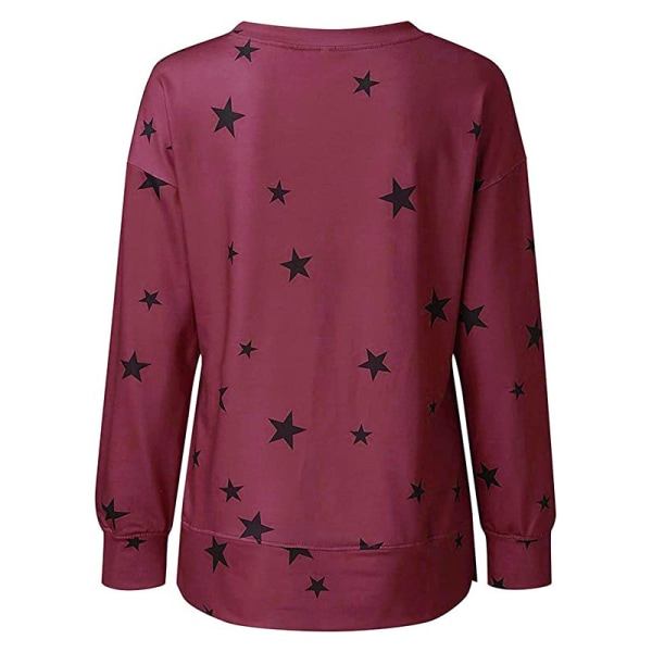Dameoverdele T-shirt med stjernetrykt løs pullover med langærmede T-shirts Wine Red XL