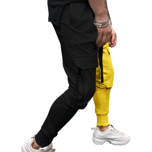 Miesten värikkäitä casual urheiluhousujen kiristysnyöri Black Yellow,L