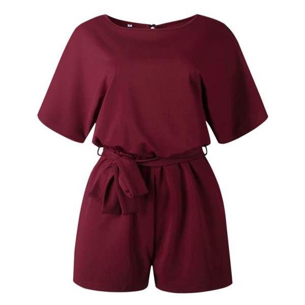 Kvinders sommer ensfarvede shorts med korte ærmer Jumpsuits Rompers Claret,XL