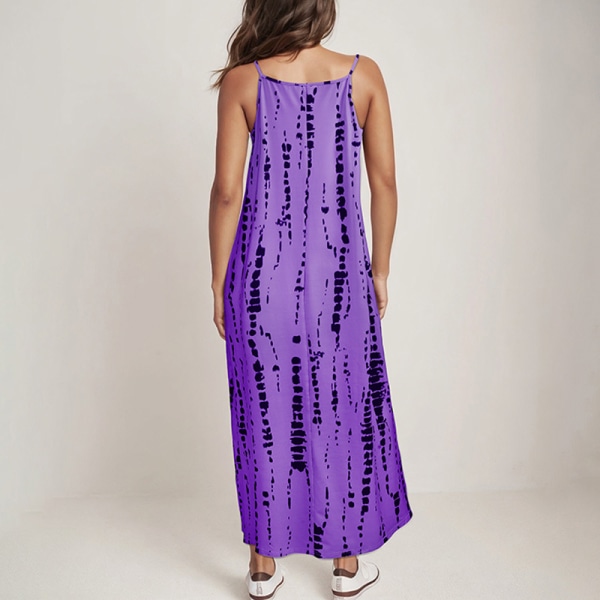 Kvinnor Tie Dye Spaghetti Straps Long Dress Summer Beach Sundress Purple S
