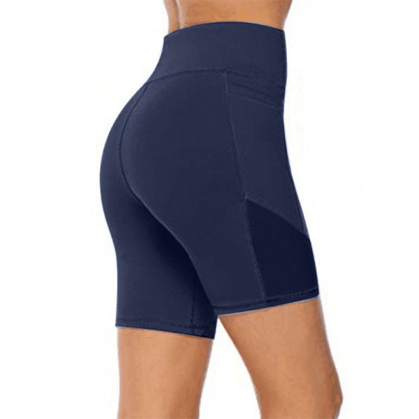 Kvinders højtaljede yogashorts Skinny Workout-sidetaske Navy blue,XXL