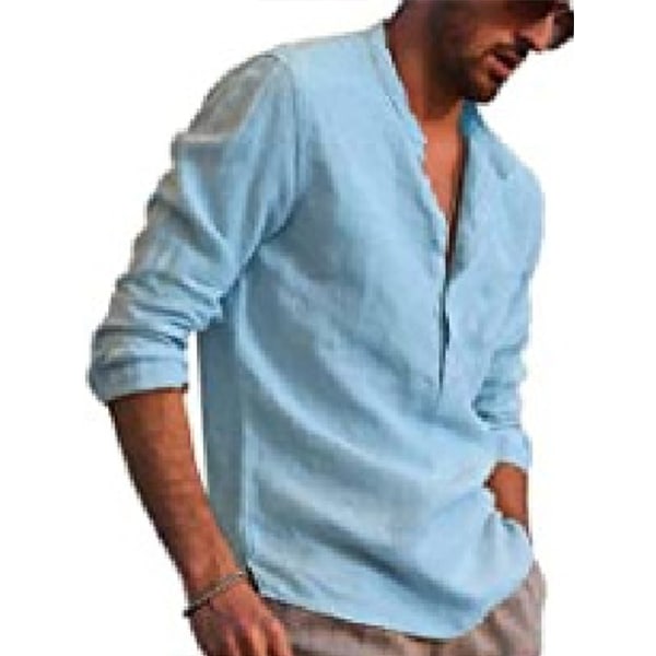 Menn Casual Cotton Lin Henley skjorter Langermet T-skjorte Light Blue,M