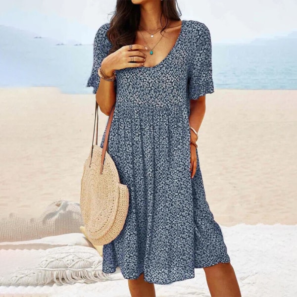 Naisten lyhythihainen kesäinen aurinkomekko, print midi-mekko Navy Blue 4XL