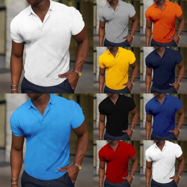 Mens Button Tee Lapel Neck Shirt Enfärgad Basic Plain Gul 2XL