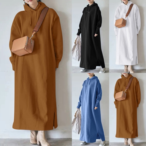 Kvinder Ensfarvet Pullover Fleece Foret Side Slid Hætte kjoler Vit 5XL