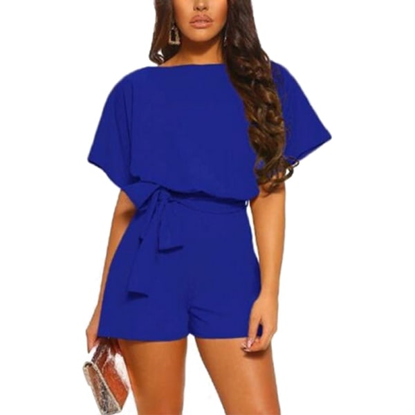 Naisten kesän yksiväriset lyhythihaiset shortsit Jumpsuits Romperit Blue,XL