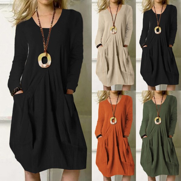Kvinner Vanlige Midi-kjoler Langermet kjole Black L 3816 | Black |  Polyester|Cotton | Fyndiq