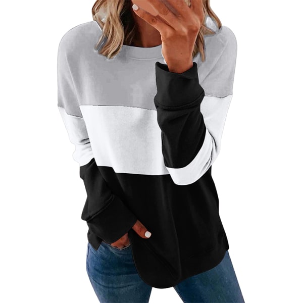 Långärmad Baggy Sweatshirt för kvinnor Colorblock Patchwork T-shirt Vit M