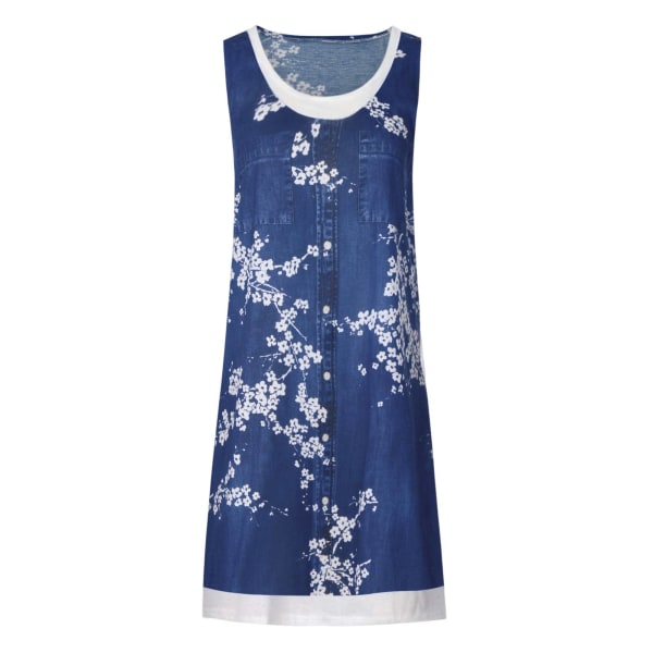 Dam falsk 2-delad skjorta Sundress Tunika Midiklänning Scoop Neck Dark Blue Floral M