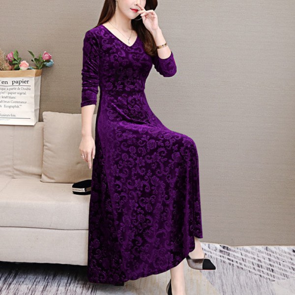 Kvinnor Maxiklänningar Långärmad V-ringad Stor Swing Dress Party Dark Purple M