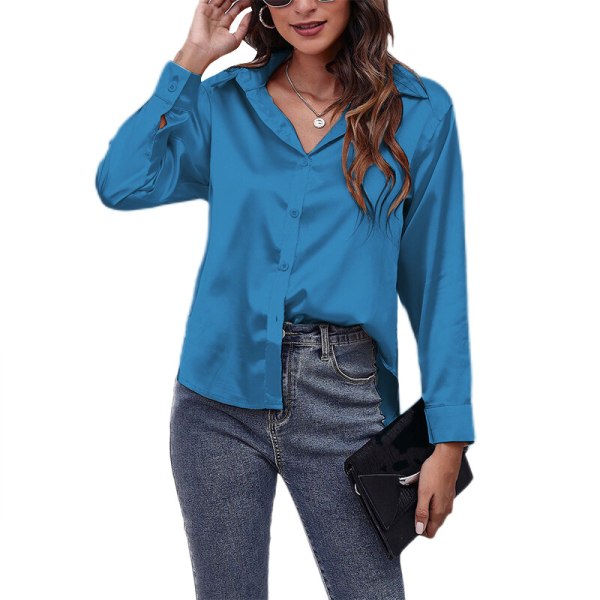 Böjd blus för dam Tunikaskjorta Satin långärmade T-shirts Blue M