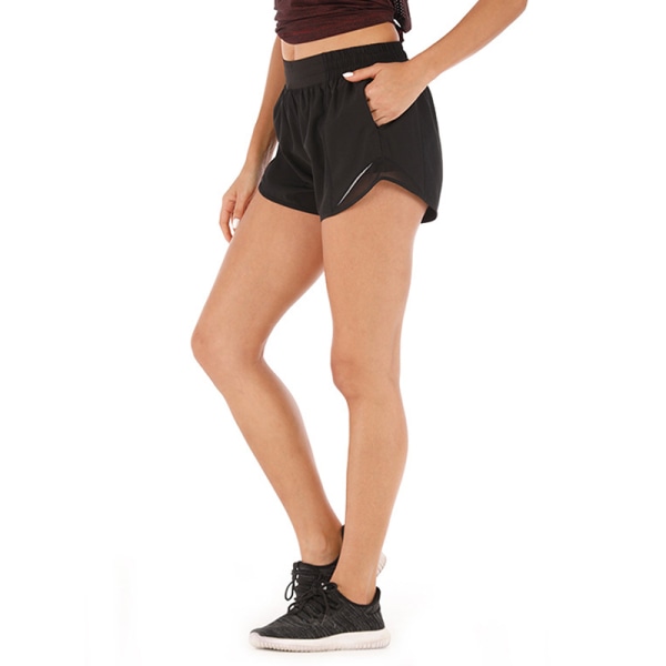 Kvinders sportsshorts løse mid-talje fitnessbukser yoga shorts black,L