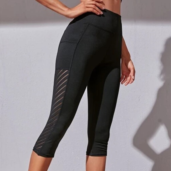 Yogabyxor med hög midja för kvinnor Sports Cropped byxor med fickor svart L