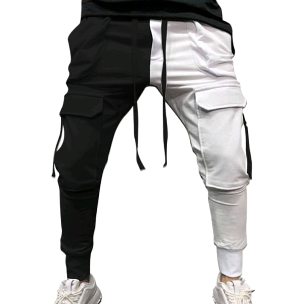 Miesten värikkäitä casual urheiluhousujen kiristysnyöri Black White,XL