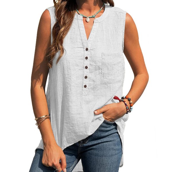 Ladies Summer Button V-hals Linne ärmlös T-shirt väst Vit 2XL