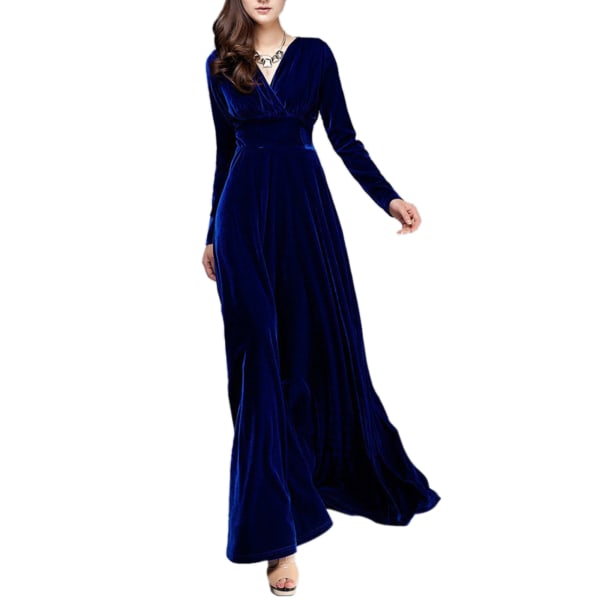 Vinter dame V-udskæring guldfløjl cocktail langærmet kjole Royal blue,L