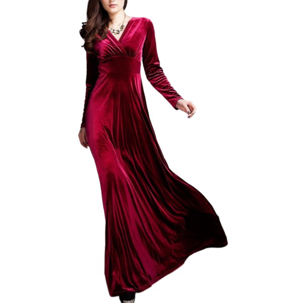 Naisten talvinen V-pääntie, kultainen sametticocktail-pitkähihainen mekko red wine,S