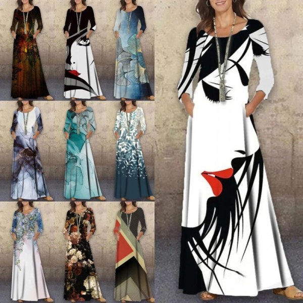 Dame abstrakt trykt fuld længde kjole med blomsterprint Maxi Element-D XL