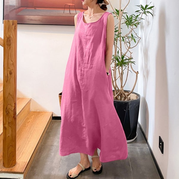 Kvinnor ärmlösa Maxiklänningar Enfärgad sommar strandsolklänning Pink 3XL