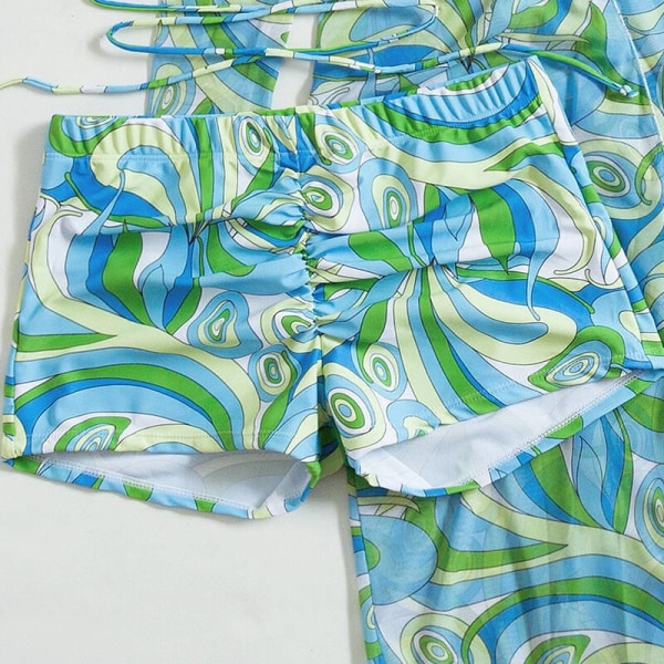 Kvinnor Ruched Wire Gratis Baddräkt Print Swim Bikini Set Blå M