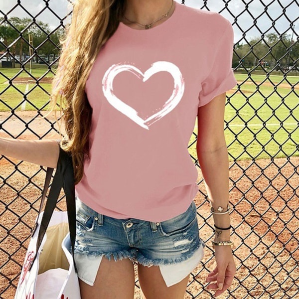 T-shirt Kvinnor Print Sommar Kortärmad Blus Casual Toppar Pink 3XL