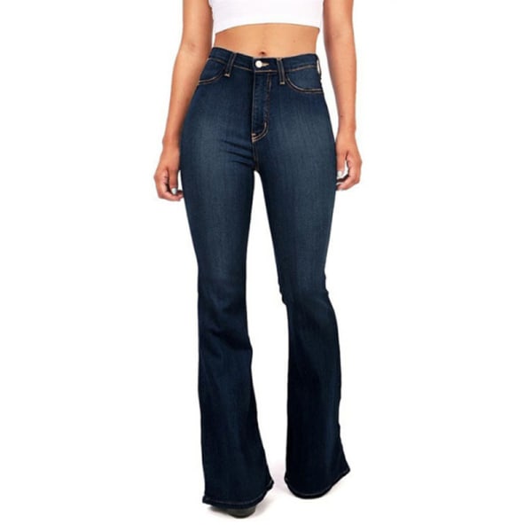 Kvinder jeans højtaljede løse knapbukser afslappede bukser med udsving Navy blue,L