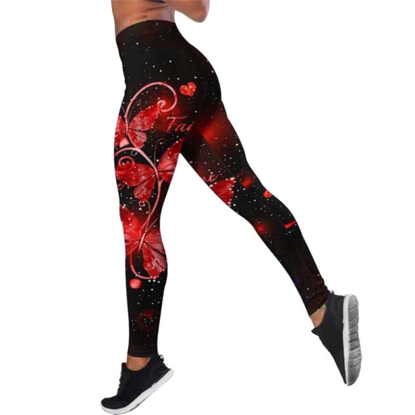 Blommiga Leggings för kvinnor Gymbyxor Yogabyxor med hög midja Röd XL
