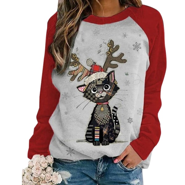 Kvinnor Printed tunikablus långärmad jul T-shirt Cat Print M