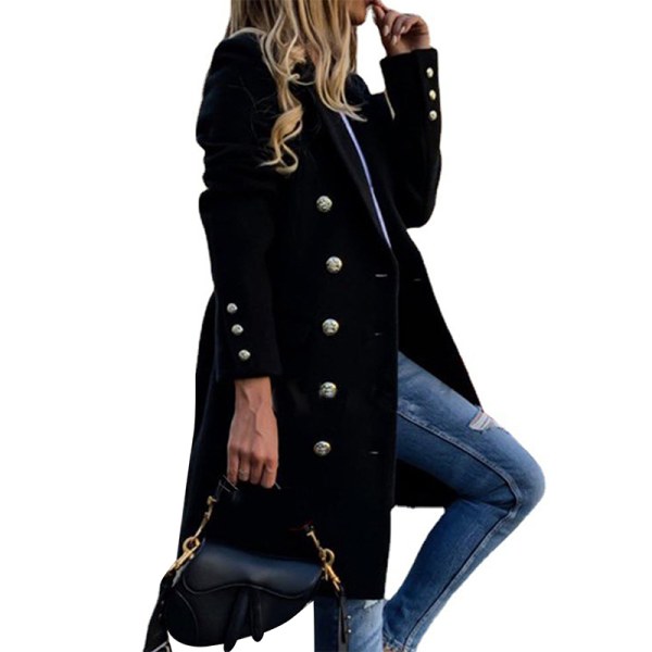 Kvinnor Dubbelknäppt Trench Coats Notch Lapel Ull Pea Coat Black XL