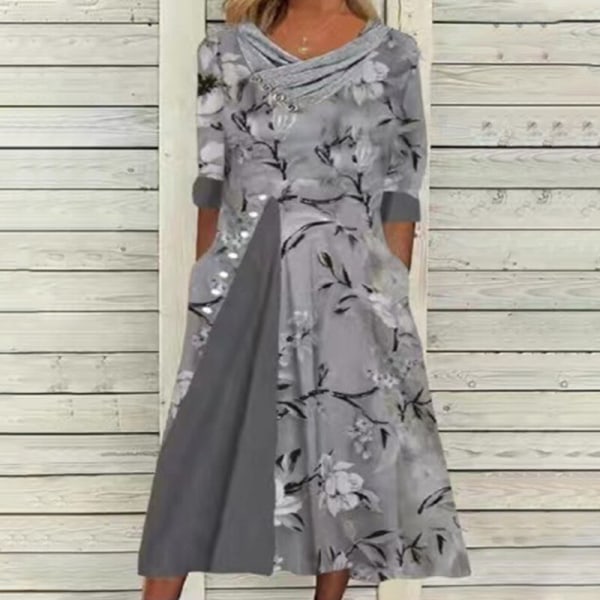 Kvinnor Print Maxiklänningar Halvärm lång klänning Gray Print 3 L