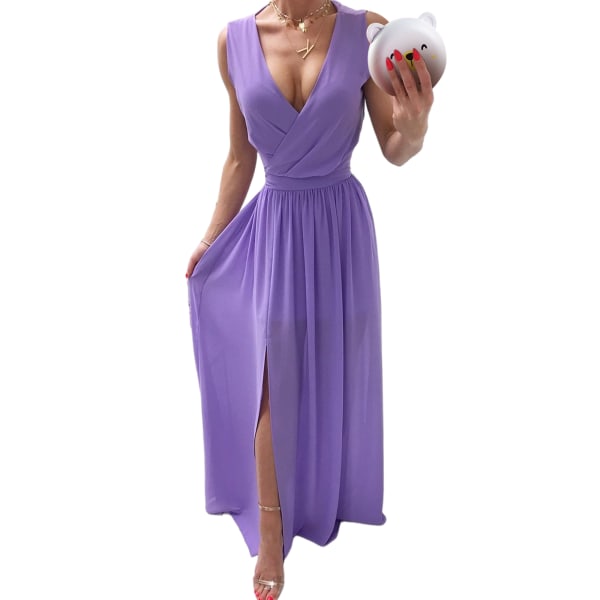 Naisten Slit Tank Dress Pitkät Maxi Muodolliset Mekot V-pääntie ilta Purple L
