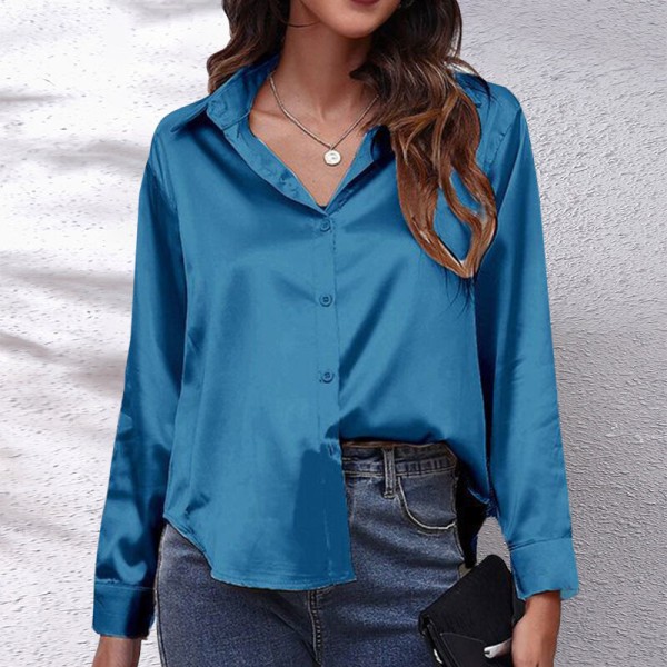 Böjd blus för dam Tunikaskjorta Satin långärmade T-shirts Blue S