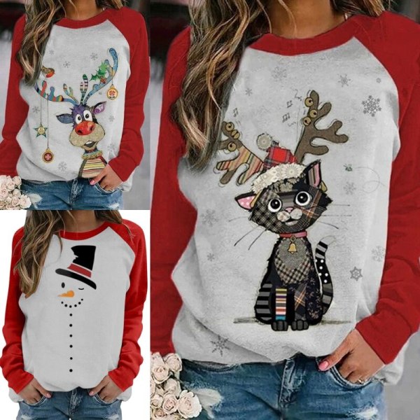 Kvinder Elk Printet Tunika Bluse Langærmet Jul T-shirt Cat Print 3XL
