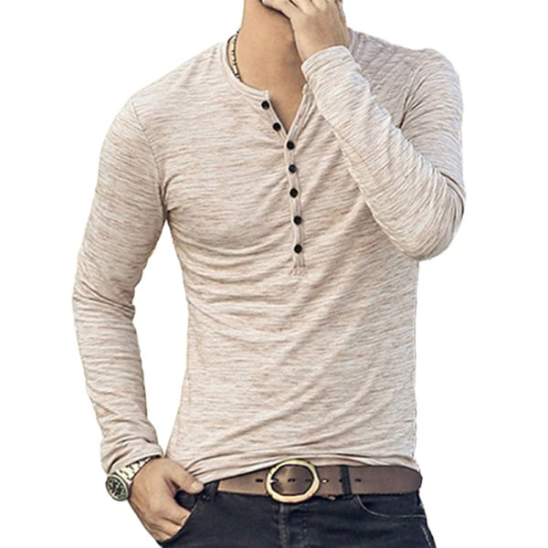Långärmad tröja för män casual blus Basic skjortaknappar Khaki,XL