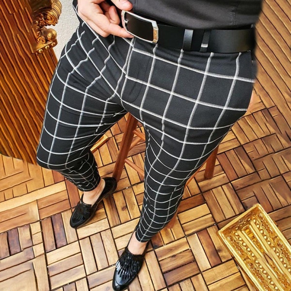 Mænd elastiske taljebukser med lynlås Black And White Grid L