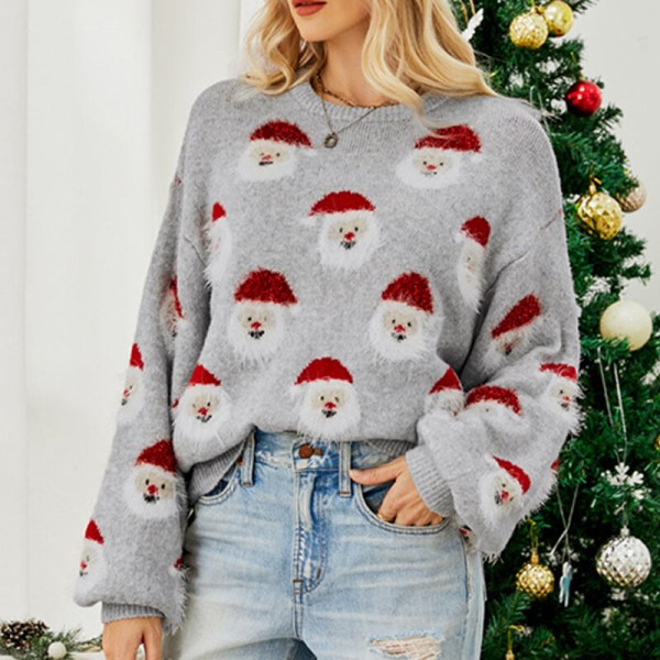 Kvinnor Santa Print Sweater Crew Neck Christmas Stickade Tröjor Grey L